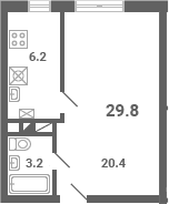 Планировка: 1-комнатная квартира 29,8 м² в ЖК «Южная Долина»
