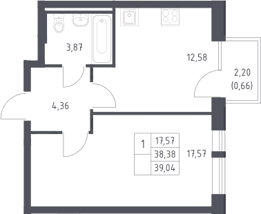 Планировка: 1-комнатная квартира 38,4 м² в ЖК «Квартал Авиаторов»