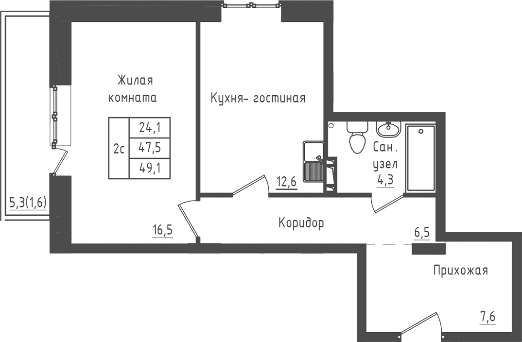 Планировка: 1-комнатная квартира 47,5 м² в ЖК «Зеленый город»