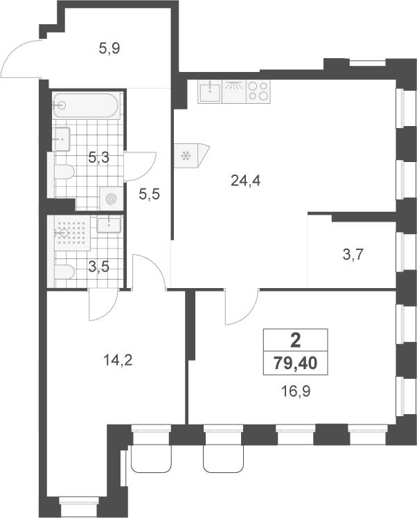 Планировка: Евротрёшка 79,4 м² в ЖК «Деснаречье»
