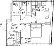 Планировка: 1-комнатная квартира 37,7 м² в ЖК «СЕЗАР БУДУЩЕЕ»