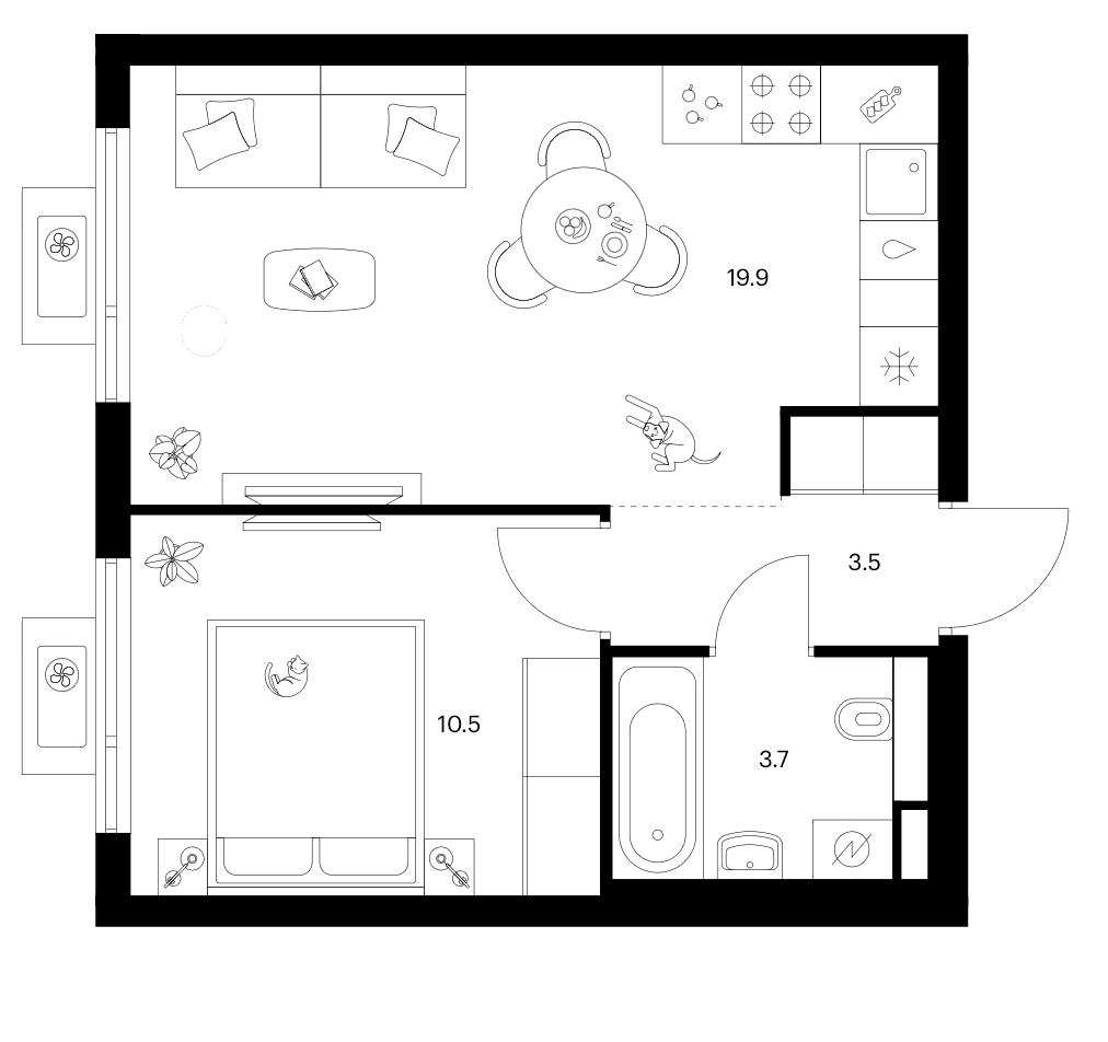 Планировка: 1-комнатная квартира 37,6 м² в ЖК «Белая Дача парк»