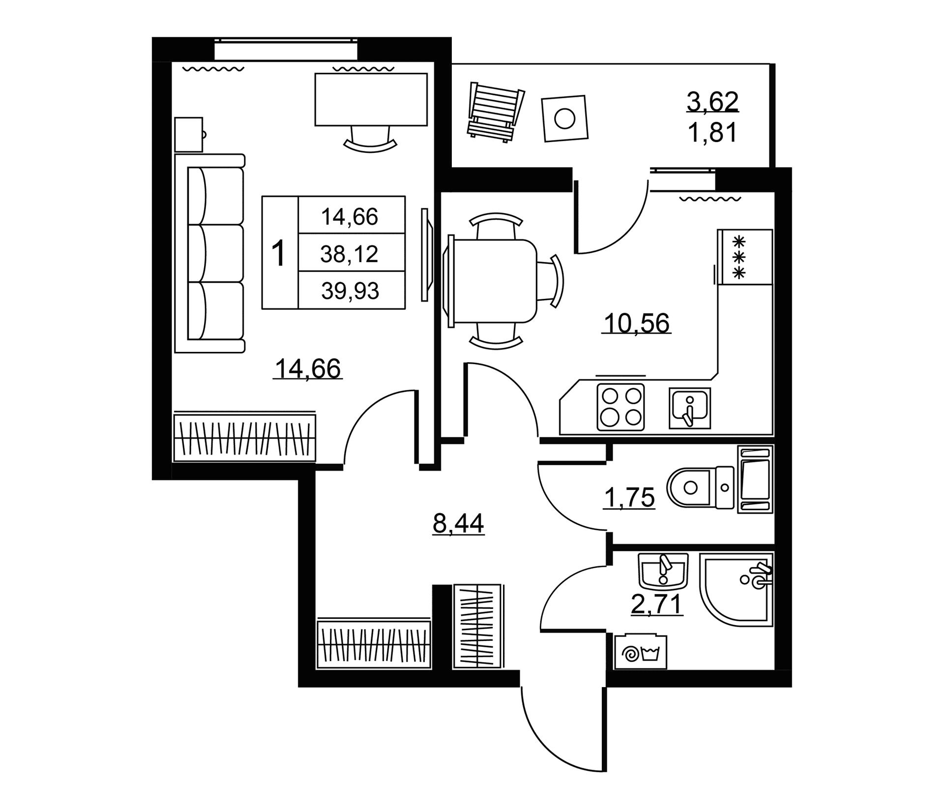 Планировка: 1-комнатная квартира 38,1 м² в ЖК «Пулковское, 34»
