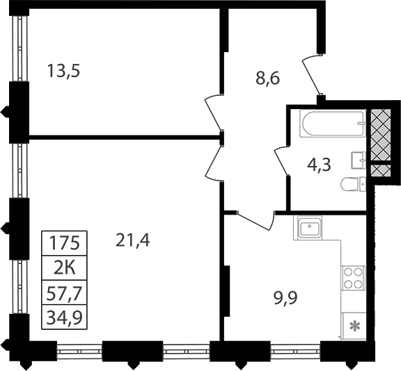 Планировка: 2-комнатная квартира 57,7 м² в ЖК «Варшавские ворота»