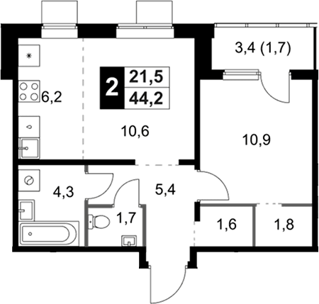 Планировка: Евродвушка 42,5 м² в ЖК «1-й Ясеневский»