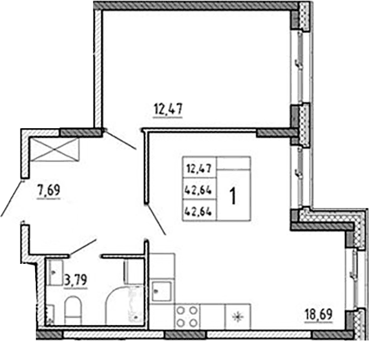 Планировка: Евродвушка 42,6 м² в ЖК «Аннино Сити»