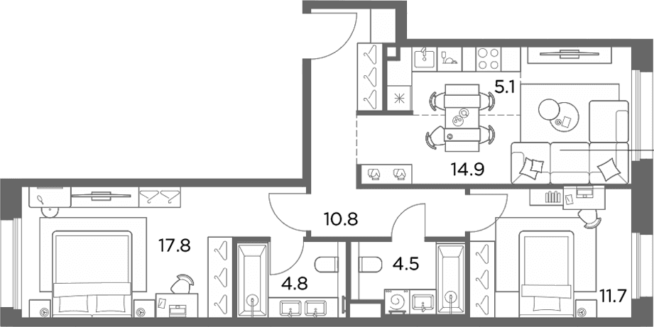 Планировка: Евротрёшка 69,6 м² в ЖК «Станиславский»