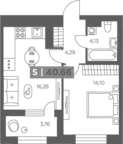 Планировка: Евродвушка 38,8 м² в ЖК «Аквилон Солар»