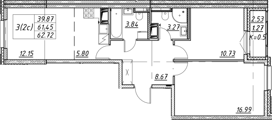 Планировка: Евротрёшка 61,5 м² в ЖК «Цивилизация на Неве»