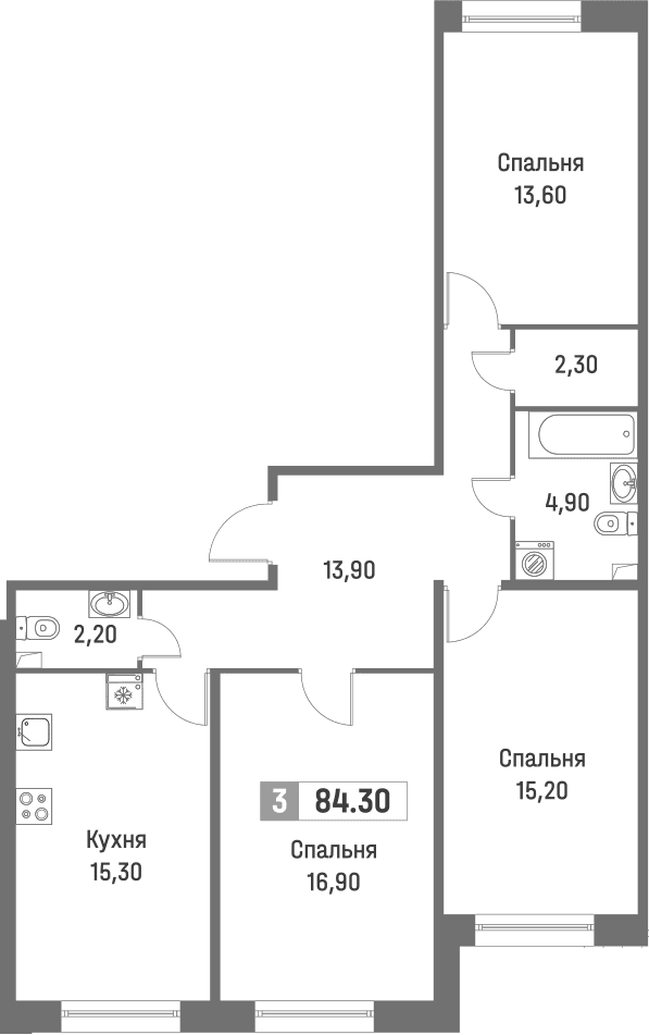 Планировка: Квартира евро-4 84,3 м² в ЖК «Фотограф»