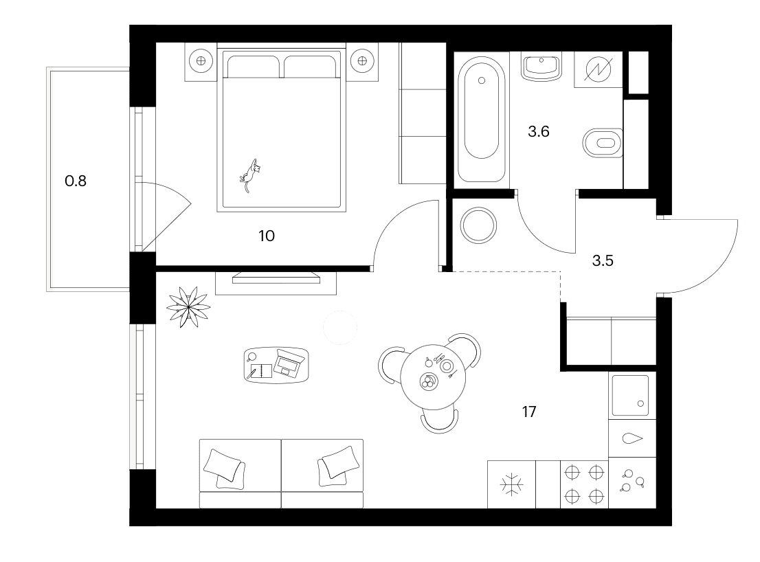 Планировка: 1-комнатная квартира 34,1 м² в ЖК «Москворечье»
