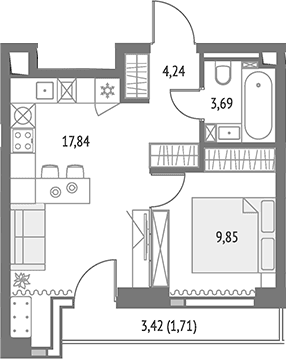 Планировка: Евродвушка 33,9 м² в ЖК «Апсайд Тауэрс»