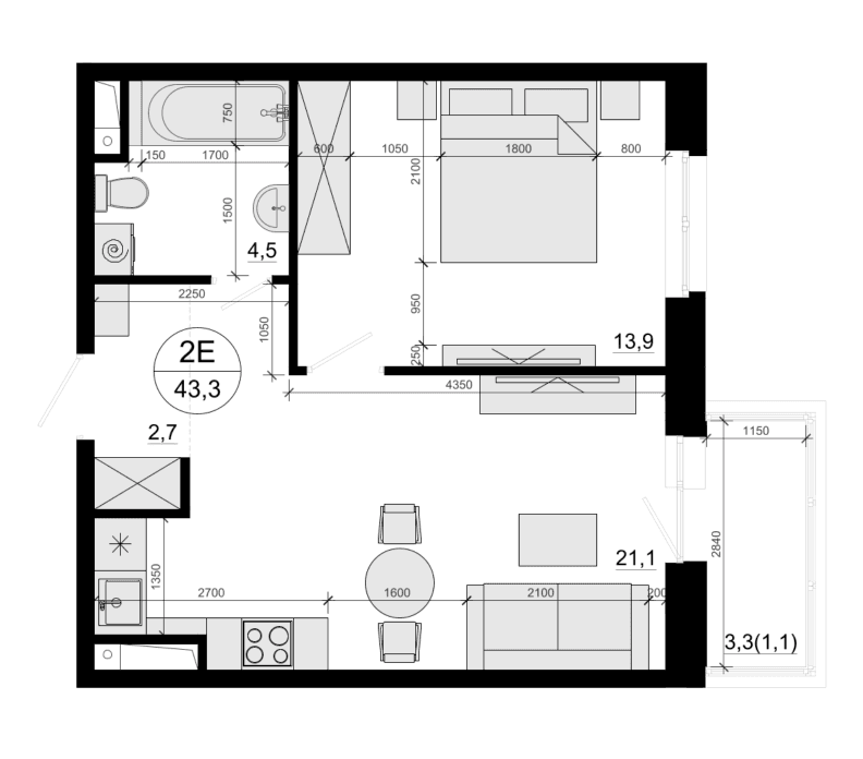 Планировка: Евродвушка 42,2 м² в ЖК «Одинцовские Кварталы Эволюция»