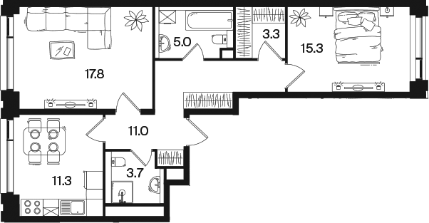 Планировка: 2-комнатная квартира 65,3 м² в ЖК «РАКУРС»