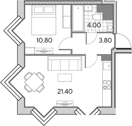 Планировка: Евродвушка 40 м² в ЖК «Вейв»