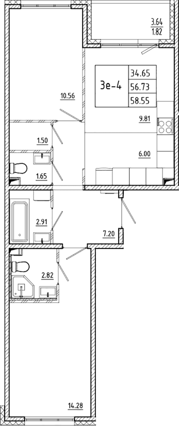 Планировка: Евротрёшка 56,7 м² в ЖК «ЛесАрт»