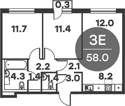 Планировка: Евротрёшка 57,7 м² в ЖК «Равновесие»