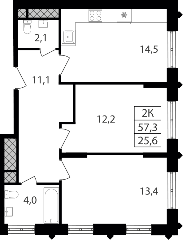 Планировка: 2-комнатная квартира 57,3 м² в ЖК «Варшавские ворота»