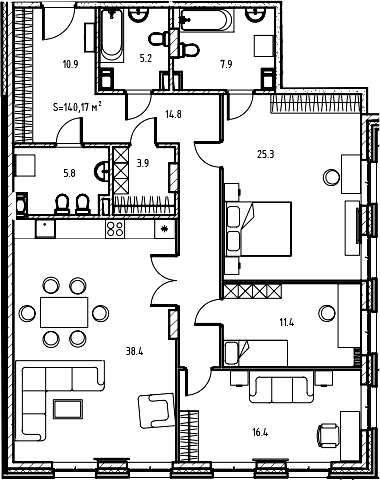 Планировка: Квартира евро-4 140,1 м² в ЖК «Клубный дом Манхеттен»