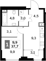 Планировка: 1-комнатная квартира 34,6 м² в ЖК «Сидней Сити»