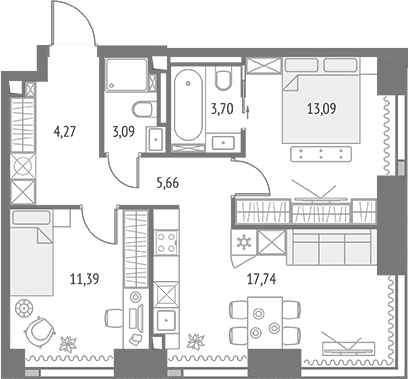 Планировка: Евротрёшка 58,9 м² в ЖК «Апсайд Тауэрс»