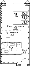 Планировка: Студия 31 м² в ЖК «Наметкин Тауэр»