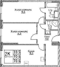 Планировка: 2-комнатная квартира 70,6 м² в ЖК «Наметкин Тауэр»