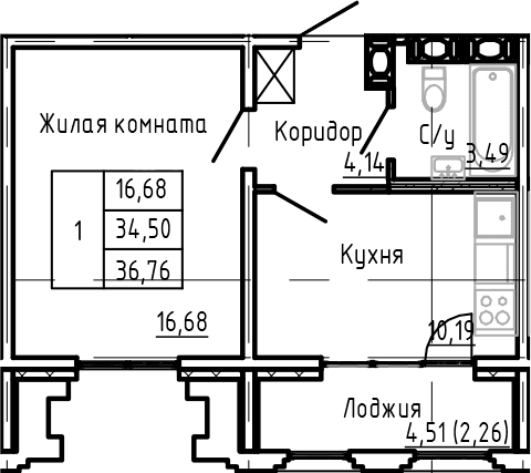 Планировка: 1-комнатная квартира 33,3 м² в ЖК «SHEPILEVSKIY»
