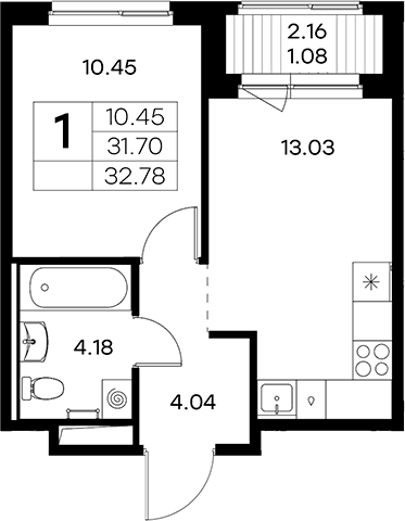 Планировка: Евродвушка 31,7 м² в ЖК «Новоселье»