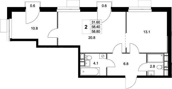 Планировка: 2-комнатная квартира 58,4 м² в ЖК «Легенда Марусино»