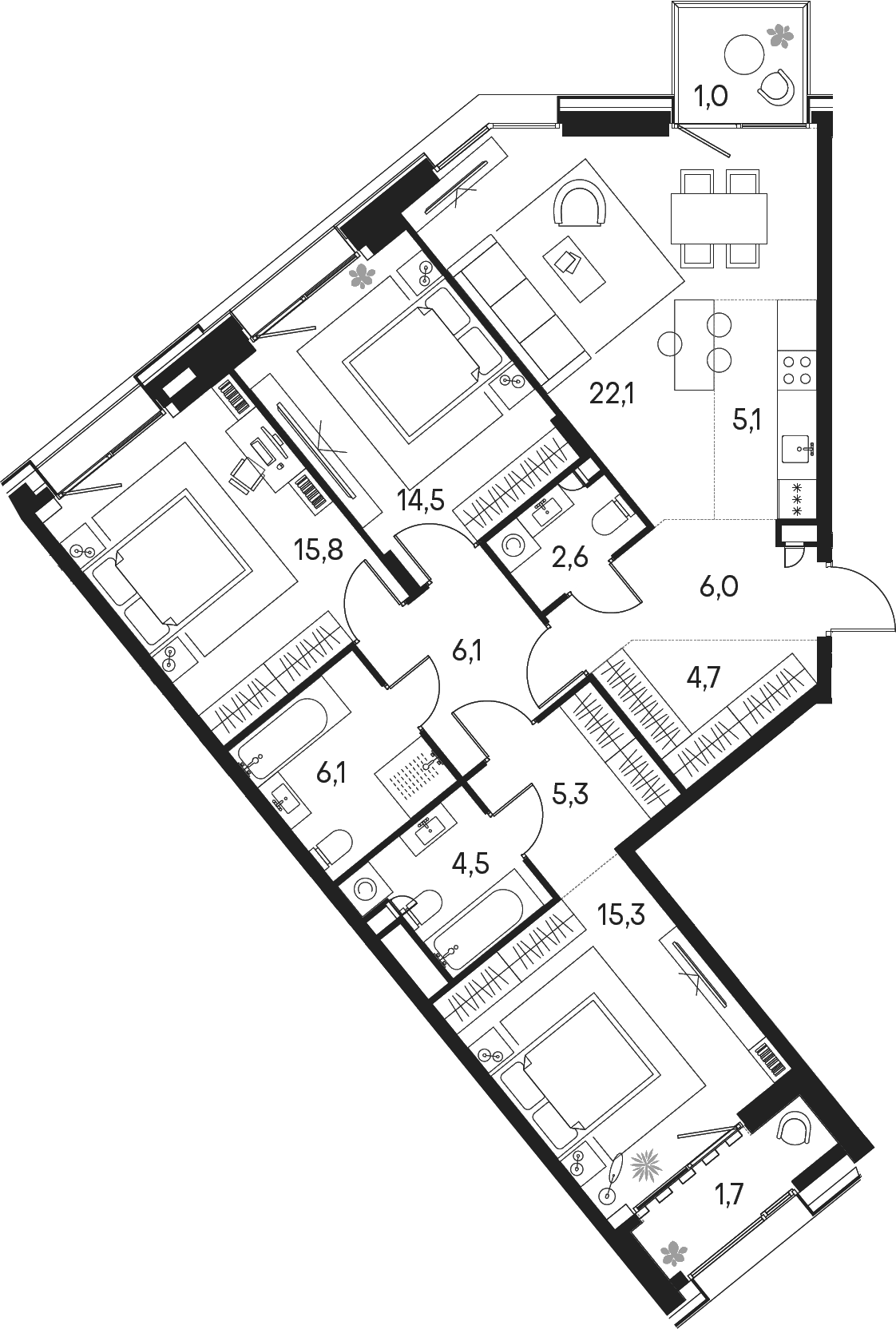 Планировка: Квартира евро-4 108,1 м² в ЖК «Клубный город на реке Примавера»