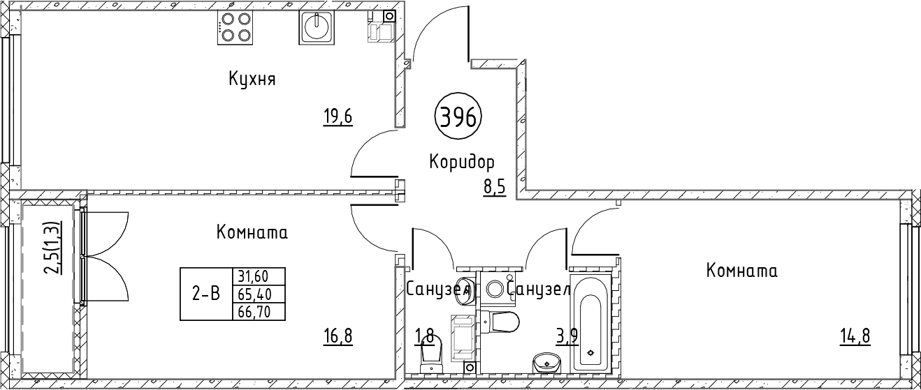 Планировка: Евротрёшка 65,4 м² в ЖК «Кронунг Юг»