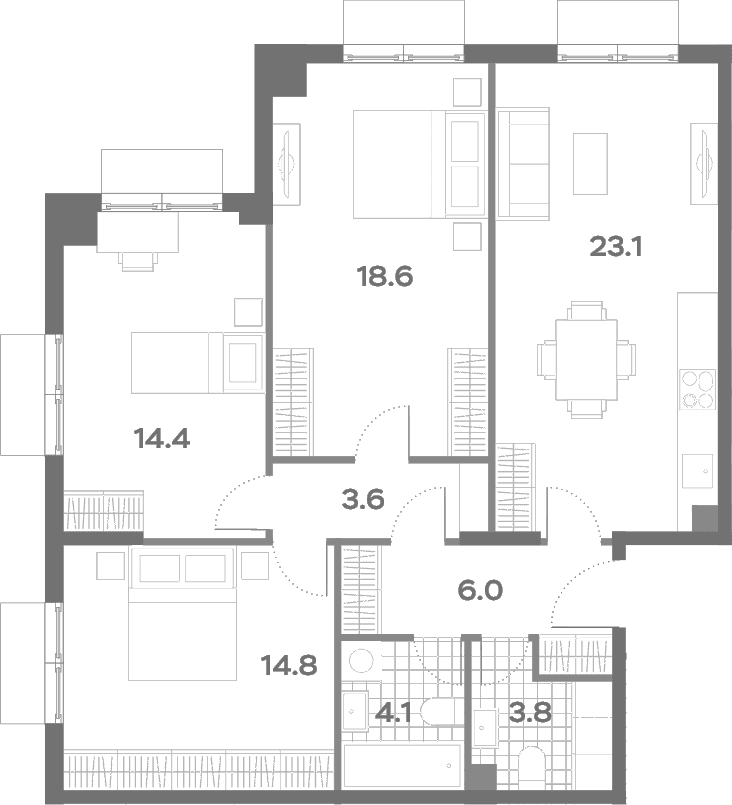 Планировка: Квартира евро-4 88,4 м² в ЖК «ПаркСайд»