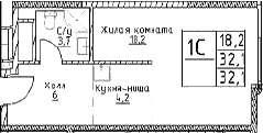 Планировка: Студия 32,1 м² в ЖК «Наметкин Тауэр»