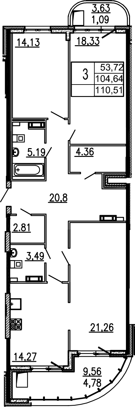 Планировка: 3-комнатная квартира 104,6 м² в ЖК «Дом-Мегалит в Королеве»