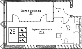 Планировка: Евродвушка 46,1 м² в ЖК «Наметкин Тауэр»