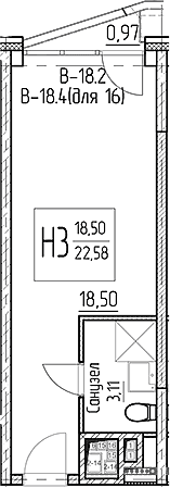 Планировка: Студия 21,6 м² в ЖК «Аметист»
