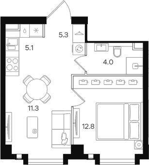 Планировка: Евродвушка 38,5 м² в ЖК «АУРА»