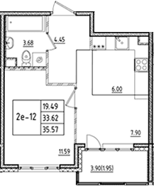 Планировка: Евродвушка 33,6 м² в ЖК «ЛесАрт»