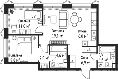 Планировка: Евротрёшка 64,9 м² в ЖК «СЕТ»