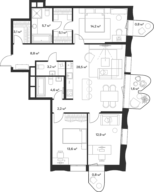 Планировка: Квартира евро-4 101,9 м² в ЖК «Союз»