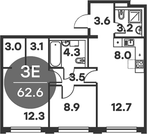 Планировка: Евротрёшка 62,6 м² в ЖК «Равновесие»