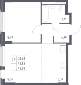 Планировка: Евродвушка 42,8 м² в ЖК «Квартал Западный»