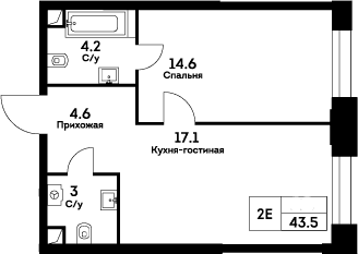 Планировка: Евродвушка 43,5 м² в ЖК «ЭВЕР»
