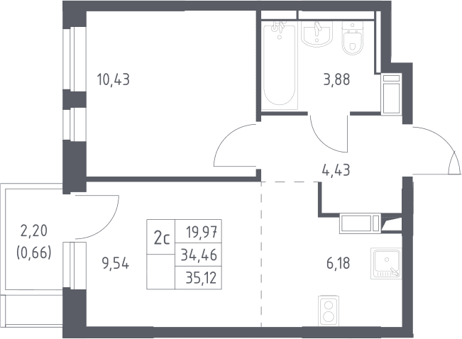 Планировка: Евродвушка 34,5 м² в ЖК «Пятницкие Луга»