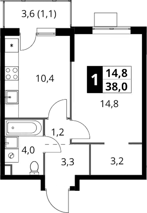 Планировка: 1-комнатная квартира 36,9 м² в ЖК «1-й Шереметьевский»