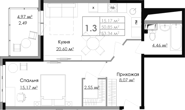 Планировка: Евродвушка 50,9 м² в ЖК «Малая Финляндия»
