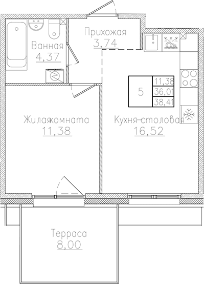 Планировка: Евродвушка 36 м² в ЖК «Счастье 2.0»