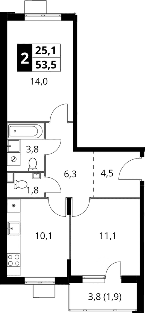 Планировка: 2-комнатная квартира 51,6 м² в ЖК «1-й Шереметьевский»