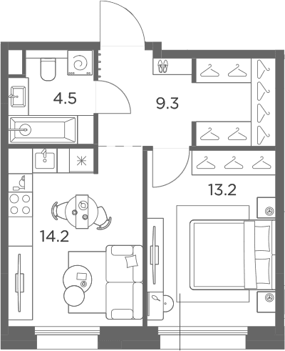 Планировка: 1-комнатная квартира 41,2 м² в ЖК «Станиславский»